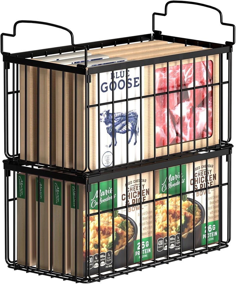 MSERCUOR Freezer Organizer Bins, 2 Pack Stackable Deep Chest Freezer Organizer Bins, Foldable Freezer Baskets with Handles, Black Freezer Storage Organizer Baskets for 5/ 7 Cu.FT Sort Frozen Meats - Image 1